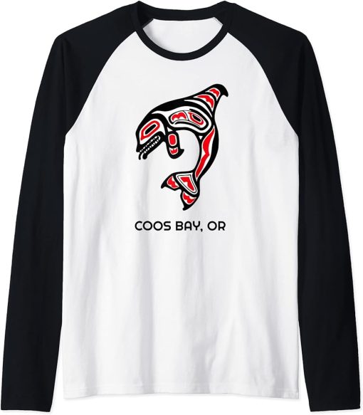 Coos Bay, Oregon Native American Orca Killer Whales Gift Raglan Baseball Tee