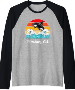 Vintage Pittsburg CA Distressed Orca Killer Whale Art Raglan Baseball Tee