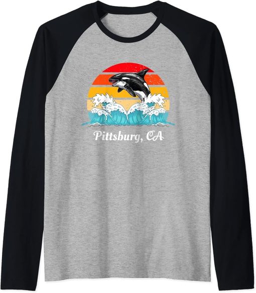 Vintage Pittsburg CA Distressed Orca Killer Whale Art Raglan Baseball Tee